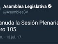 De acuerdo a la cuenta oficial de la AsambleaSV plenaria se reanudó a las 15:47, a esta hora aún ARENAfraccion es…