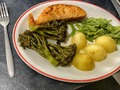 Pan fried salmon with broccoli, green beans, and buttered new potatoes.