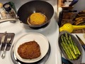 Tonight's Dinner:  Chicken Fried Steak Steamed Asparagus  (not pictured, b'cuz even adding an extra 7 minutes for altitude, the Potatoes au Gratin weren't done so they're back in the oven ... maybe they'll be done in time for dessert!) A friend stopped by this morning and gifted me a fat package of 2 beautiful Beef Cube Steaks she'd snagged out of Herman's Corner (she grabbed 2pkg and kept one for herself). I did a typical 3-step breading using crushed corn flakes instead of cracker crumbs on the two #CubeSteaks and they browned up nicely in a little bit of bacon drippings. I served up the Chicken Fried Steak with some of the leftover Sausage Gravy from Saturday's Brekkie. #TonightsDinner  #ChickenFriedSteak #Asparagus  #PotatoesAuGratin